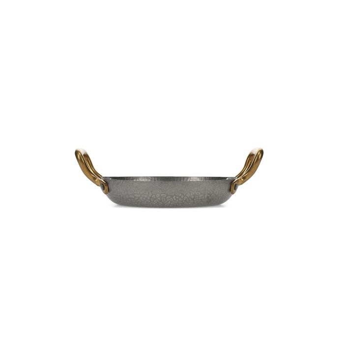 Servierschale 18 x H 3,5 cm mit goldenem Griff, gehämmert, antikes Silber Serve