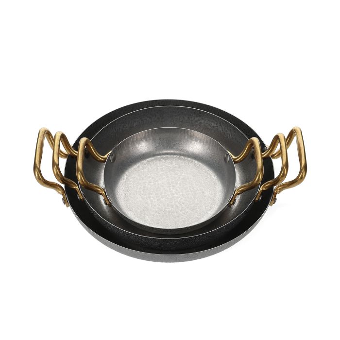 Servierschale 18 x H 3,5 cm mit goldenem Griff, gehämmert, antikes Silber Serve
