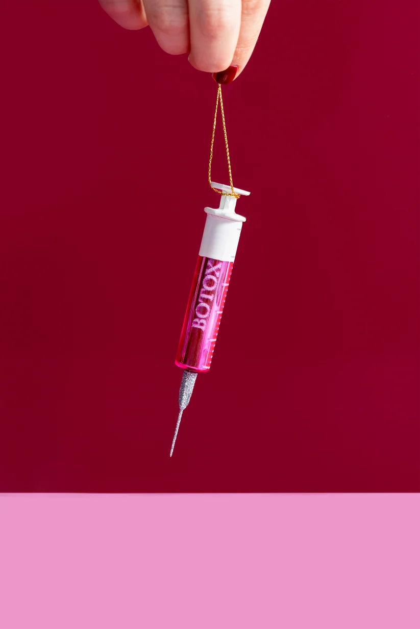 Christbaumschmuck Botox-Spritze aus Glas – Rosa & Weiß