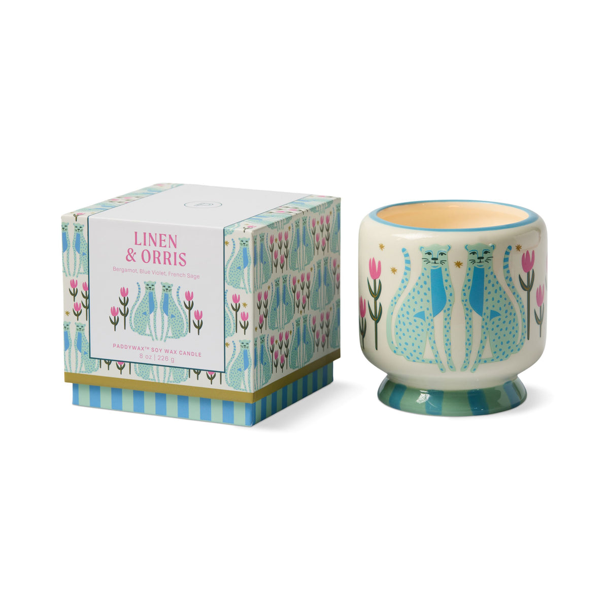 Duftkerze Blue Cheetahs – Linen & Orris im handbemalten Keramikbecher